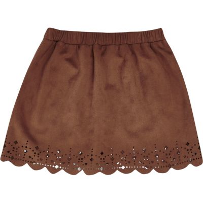 Mini girls brown suedette laser cut skirt